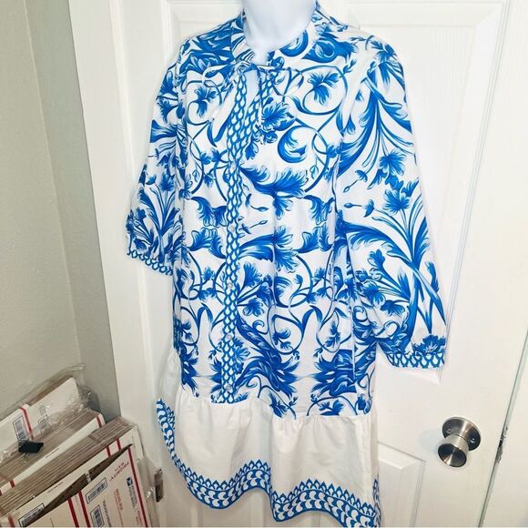 LINA TOMEI Italy Long Sleeve Cotton Baroque Drop Waist Dress Blue Floral M NWT - Picture 7 of 13